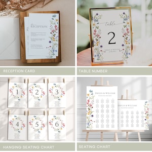 May include: Wedding reception printable set with floral designs. Includes a reception card, table number card, hanging seating chart, and a seating chart. The reception card has the text "the reception" and the table number card has the text "table 2". The seating chart has the text "Emilia & William".