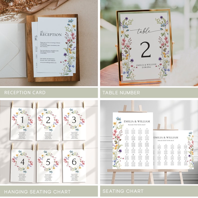 May include: Wedding reception printable set with floral designs. Includes a reception card, table number card, hanging seating chart, and a seating chart. The reception card has the text "the reception" and the table number card has the text "table 2". The seating chart has the text "Emilia & William".