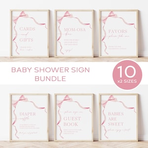 Rosa Schleife Babyparty Zeichen Bundle, Aquarell Band Tischschild Set Mädchen Babyparty Favor Zeichen Soft Pink Digitale Schilder Vorlage |BW01