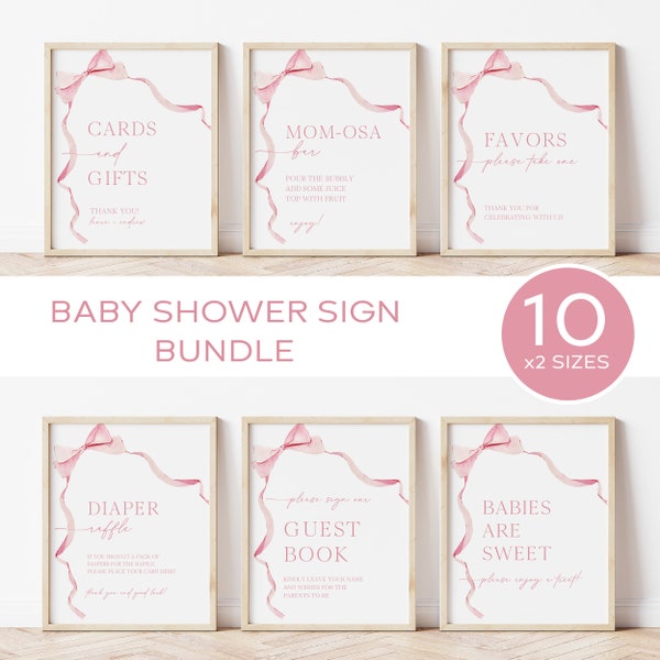 Pink Bow Baby Shower Sign Bundle, Watercolor Ribbon Table Sign Set Girl Baby Shower Favor Sign Soft Pink Digital Signs Template |BW01