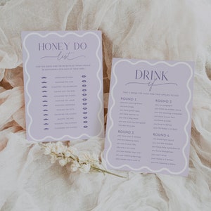 May include: Two printable game cards with a purple background and white text. The first card is titled 'Honey Do List' and has a list of chores with checkboxes. The second card is titled 'Drink If' and has a list of prompts for drinking games. Both cards have a whimsical design with hearts and mustaches.