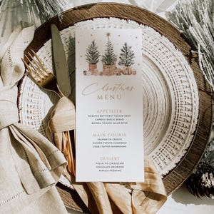 Szablon menu kolacji wigilijnej Edytowalne menu kolacji świątecznej Przytulne menu choinkowe Karta menu zimowej kolacji Menu na przyjęcie do druku