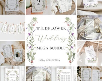 Wildflower Wedding Bundle Editable Pastel Floral Wedding Invitation Set Template Botanical Wedding Templates Bundle Wildflower Wraeth | VM09