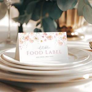 Modelo de rótulo de comida floral editável rosa suave chá de bebê buffet cartão flores do campo chá de panela buffet tenda cartão dobrado flores rosa| B004