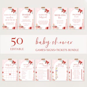 Christmas Baby Shower Games Bundle Pink Table Signs Set Red Bow Baby Shower Games Pack December Baby Shower Bundle Christmas Games | CH07