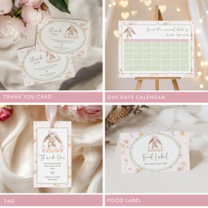 May include: A collection of baby shower stationery featuring a bunny theme. Includes thank you cards, a due date calendar, gift tags, and food labels. The designs incorporate floral patterns and soft pastel colors, perfect for a baby shower.