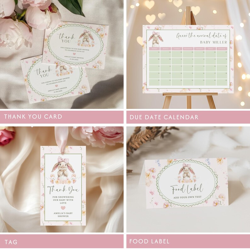 May include: A collection of baby shower stationery featuring a bunny theme. Includes thank you cards, a due date calendar, gift tags, and food labels. The designs incorporate floral patterns and soft pastel colors, perfect for a baby shower.