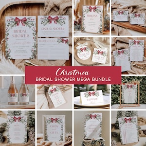 May include: A selection of Christmas-themed bridal shower stationery. Designs include a red bow, foliage, and the words "Bridal Shower," "Thank You," and "Cards and Gifts." The bundle includes invitations, signs, and tags.