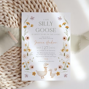 Silly Goose babyshower uitnodiging sjabloon bewerkbare Silly Goose uitnodiging boho bloemen gans uitnodiging bloemen krans babyshower uitnodigen | BW09