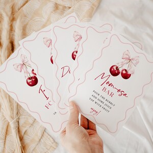 May include: Four white cards with pink scalloped edges and pink ribbons with cherries. The top card says "Momosa Bar" with instructions to "Pour the bubbly, add some juice, top with fruit, enjoy!"