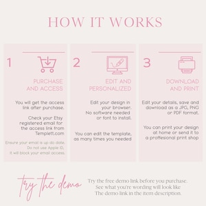 K&ouml;nnte beinhalten: Eine rosa und wei&szlig;e Grafik mit dem Text "HOW IT WORKS" oben. Es gibt drei Schritte zur Verwendung einer digitalen Vorlage: 1. Kaufen und Zugriff, 2. Bearbeiten und Personalisieren und 3. Herunterladen und Drucken. Die Grafik enth&auml;lt Symbole f&uuml;r jeden Schritt: einen Einkaufswagen, einen Computerbildschirm mit einem Bleistift und einen Drucker. Der Text unter jedem Schritt erkl&auml;rt den Prozess im Detail. Die Grafik enth&auml;lt auch den Text "Try the demo" und "Probieren Sie den kostenlosen Demo-Link aus, bevor Sie kaufen. Sehen Sie, wie Ihr Text aussehen wird. Der Demo-Link befindet sich in der Artikelbeschreibung."