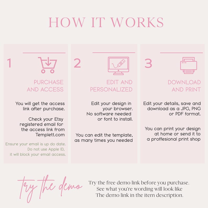 K&ouml;nnte beinhalten: Eine rosa und wei&szlig;e Grafik mit dem Text "HOW IT WORKS" oben. Es gibt drei Schritte zur Verwendung einer digitalen Vorlage: 1. Kaufen und Zugriff, 2. Bearbeiten und Personalisieren und 3. Herunterladen und Drucken. Die Grafik enth&auml;lt Symbole f&uuml;r jeden Schritt: einen Einkaufswagen, einen Computerbildschirm mit einem Bleistift und einen Drucker. Der Text unter jedem Schritt erkl&auml;rt den Prozess im Detail. Die Grafik enth&auml;lt auch den Text "Try the demo" und "Probieren Sie den kostenlosen Demo-Link aus, bevor Sie kaufen. Sehen Sie, wie Ihr Text aussehen wird. Der Demo-Link befindet sich in der Artikelbeschreibung."