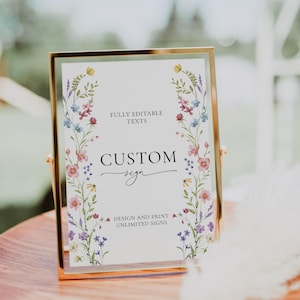 Wildflower Custom Sign Template Editable Pastel Floral Wedding Signs Boho Flowers Bridal Shower Signs Field Flowers Wedding Table Sign|W004