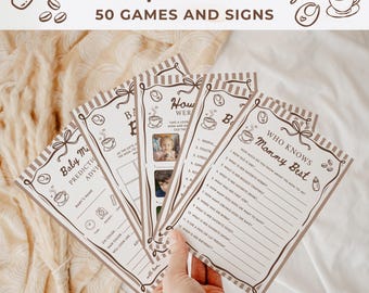 Paquete de juegos para baby shower "Un bebé está en camino" con diseño de café a rayas neutras y marco ondulado. Letreros para baby shower / B019