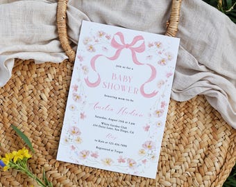 Rosa Schleife Blumen-Babyparty-Einladungs-Vorlage elegantes Blush-Band-Baby-Mädchen laden Pastell-Blumen-Babyparty-einladen kokett Baby ein | LK02