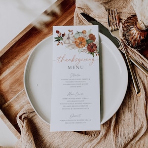 Modèle de menu de Thanksgiving Menu du dîner de Thanksgiving Menu de fête de l'amie citrouille bohème Menu modifiable pour le dîner d'automne Carte de menu automne | TG01