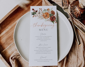 Thanksgiving Menu Template Thanksgiving Dinner Menu Boho Pumpkin Friendsgiving Menu Editable Fall Dinner Party Menu Autumn Menu Card| TG01
