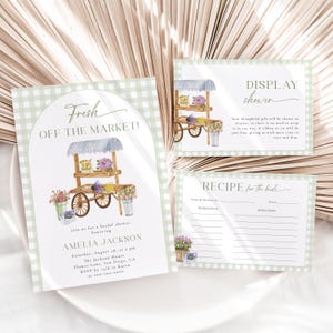 Lot d'invitations pour une douche nuptiale fraîchement sorti du marché Modèle modifiable d'invitation de marché de producteurs pour la douche nuptiale de jardin | BM04