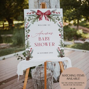 Christmas Custom Sign Template Red Bow Table Sign Editable Greenery Christmas Party Sign Winter Wedding Sign December Shower Sign| CH01 image 7