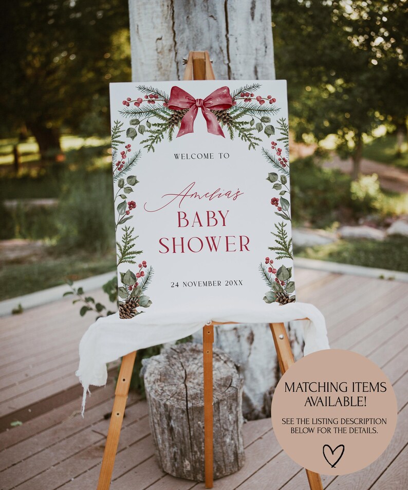 Christmas Custom Sign Template Red Bow Table Sign Editable Greenery Christmas Party Sign Winter Wedding Sign December Shower Sign| CH01 image 7
