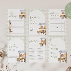 K&ouml;nnte beinhalten: Ein Set druckbarer Brautparty-Spiele und Schilder mit einer Aquarell-Illustration eines Blumenwagens. Die Spiele beinhalten "Emoji-Pictionary", "Liebe ist s&uuml;&szlig;", "Braut-Geschenk-Bingo", "Trinken, wenn" und "Von Fr&auml;ulein zu Frau".