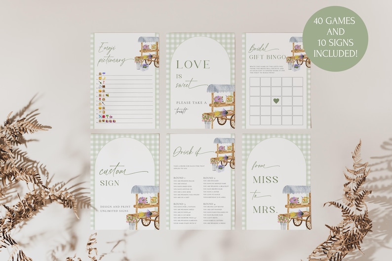 K&ouml;nnte beinhalten: Ein Set druckbarer Brautparty-Spiele und Schilder mit einer Aquarell-Illustration eines Blumenwagens. Die Spiele beinhalten "Emoji-Pictionary", "Liebe ist s&uuml;&szlig;", "Braut-Geschenk-Bingo", "Trinken, wenn" und "Von Fr&auml;ulein zu Frau".