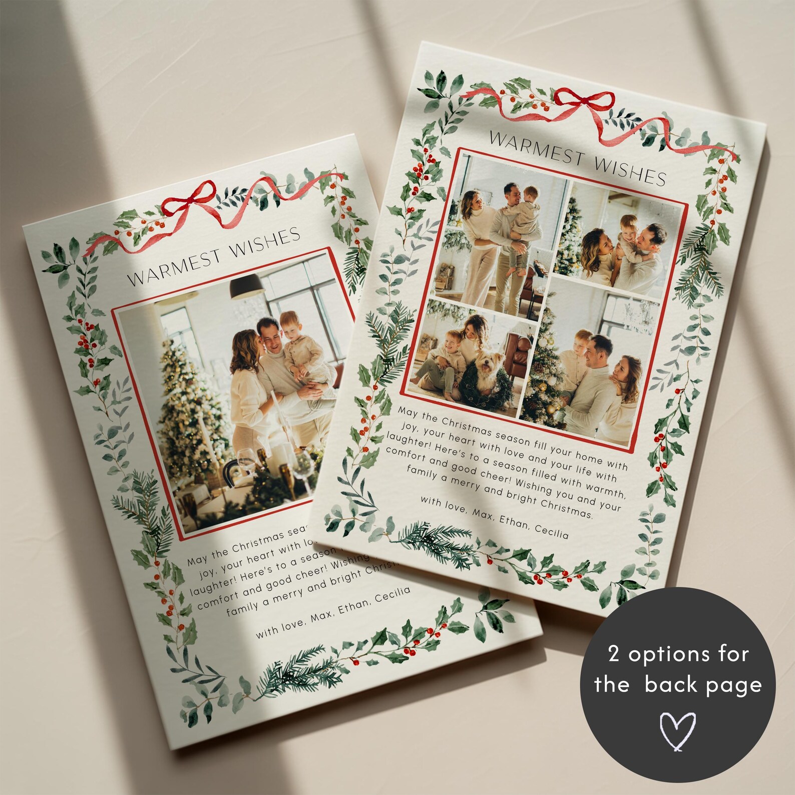 Editable Photo Christmas Card Template Red Bow Holiday Card Botanical ...