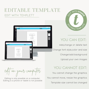 Puede incluir: Imagen de una plantilla de invitaci&oacute;n de boda en una computadora port&aacute;til y de escritorio. El texto dice "EDITABLE TEMPLATE" y "EDIT WITH TEMPLETT". La plantilla permite editar texto, cambiar fuentes y agregar fondos. La edici&oacute;n solo es posible en una computadora.