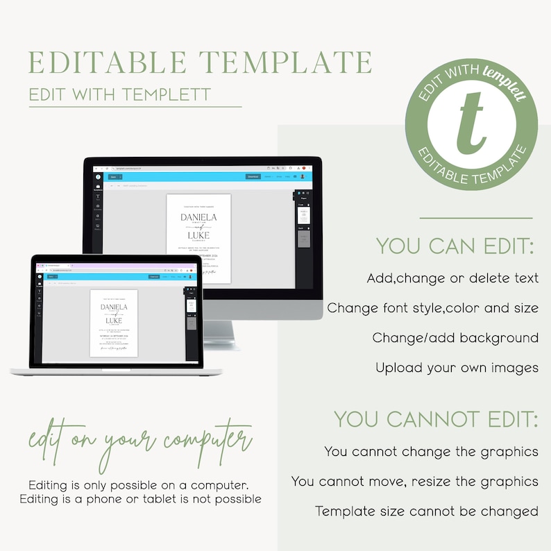 Puede incluir: Imagen de una plantilla de invitaci&oacute;n de boda en una computadora port&aacute;til y de escritorio. El texto dice "EDITABLE TEMPLATE" y "EDIT WITH TEMPLETT". La plantilla permite editar texto, cambiar fuentes y agregar fondos. La edici&oacute;n solo es posible en una computadora.