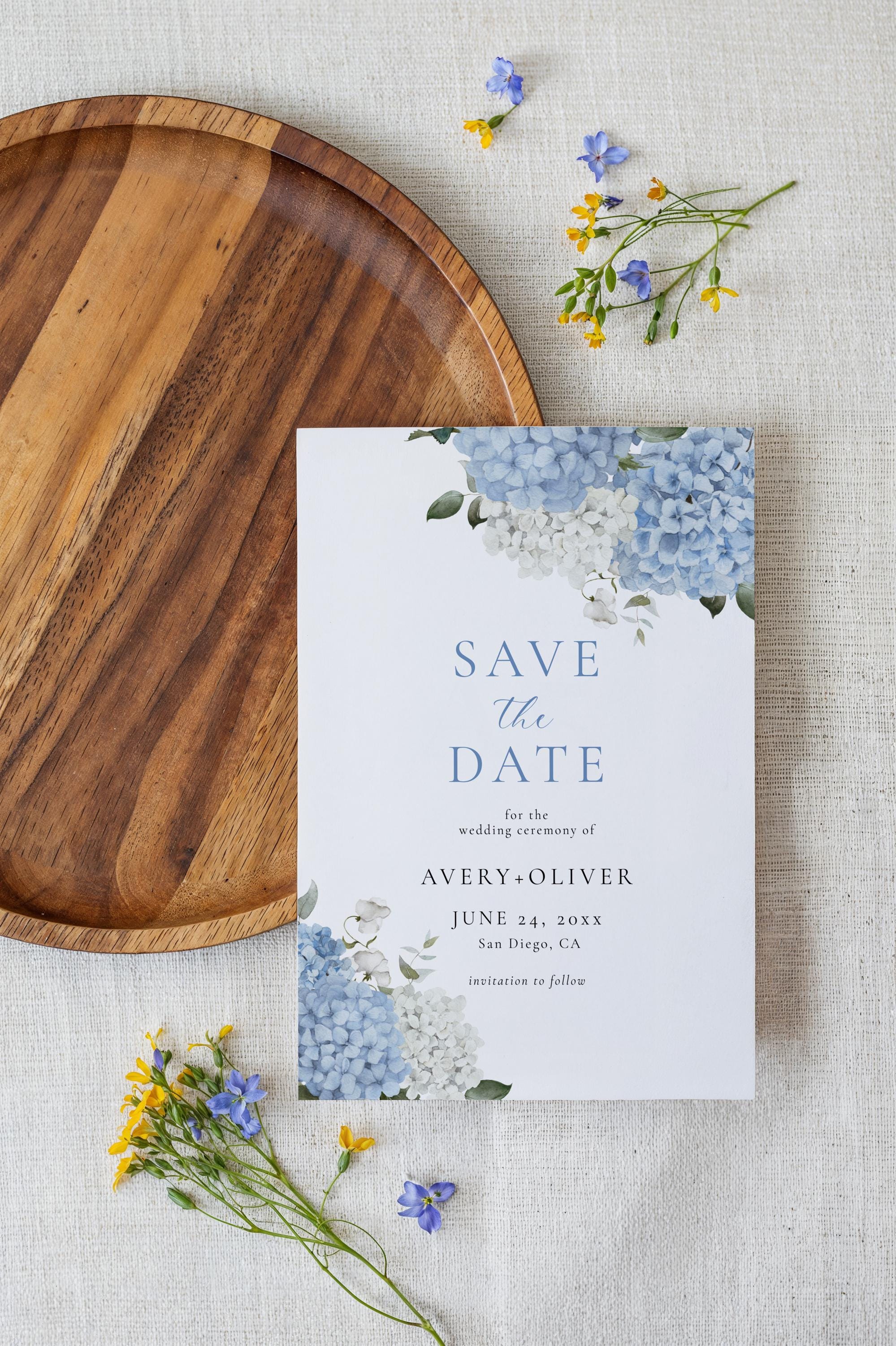 Dusty Blue Hydrangea Save the Date Template: Editable Elegant