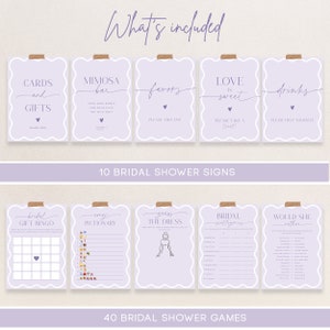 May include: A set of 10 printable bridal shower signs and 40 printable bridal shower games. The signs and games are in a purple and white color scheme. The signs include text such as 'Mimosa Bar', 'Cards and Gifts', 'Favors', 'Love is Sweet', and 'Drinks'. The games include 'Bridal Gift Bingo', 'Emoji Pictionary', 'Guess the Dress', 'Bridal Scattergories', and 'Would She Rather'. 