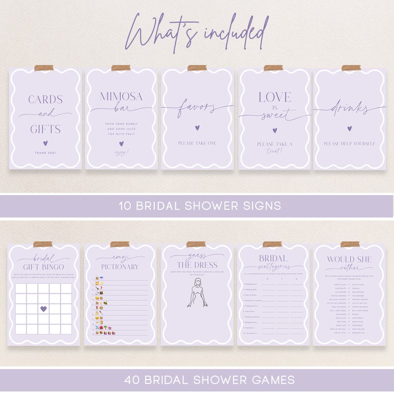 May include: A set of 10 printable bridal shower signs and 40 printable bridal shower games. The signs and games are in a purple and white color scheme. The signs include text such as 'Mimosa Bar', 'Cards and Gifts', 'Favors', 'Love is Sweet', and 'Drinks'. The games include 'Bridal Gift Bingo', 'Emoji Pictionary', 'Guess the Dress', 'Bridal Scattergories', and 'Would She Rather'. 