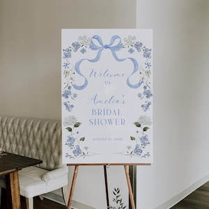 Blue Floral Bridal Shower Welcome Sign Dusty Blue Welcome Poster Blue Ribbon Bridal Sign Something Blue Bridal Shower Welcome Blue Bow| LK01