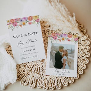 Modèle "Retenez cette date" pour mariage floral Fleurs pastel Carte "Retenez cette date" pour mariage Photo "Retenez cette date" modifiable pour mariage coloré | VM08