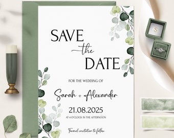 Greenery Save the Date Card,Eucalyptus save the date template,Modern editable save the date invites,Wedding save the date card diy| GRENIA