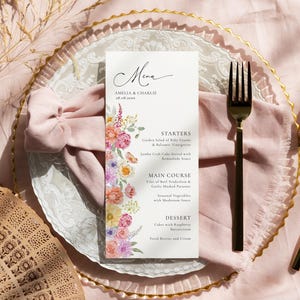 Modèle de Menu de mariage floral pastel Carte de menu modifiable de fleurs de printemps Menu floral de brunch de mariée Menu de dîner de jardin Fleurs sauvages | VM08