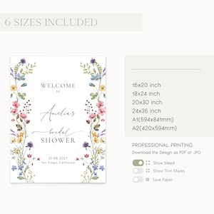 May include: A white bridal shower invitation with a floral border. The text reads "Welcome to Amelia's Bridal Shower" with the date and location below. The invitation is available in six sizes, including 16x20 inches, 18x24 inches, 20x30 inches, 24x36 inches, A1 (594x841mm), and A2 (420x594mm).