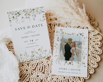 May include: Save the date card with a floral design and a photo of a couple. The card says "Save the Date for the wedding ceremony of Avery + Oliver, Sept 14, 2018, San Diego, CA".