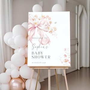 Rosa Schleife Blumen Baby Shower Willkommensschild Vorlage Elegante Schleife Baby Shower Schild Pastell Blumen Willkommen Poster Baby Girl Coquette Schild |B003