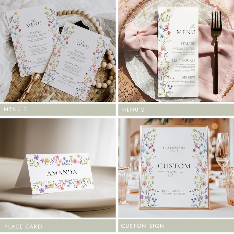 Puede incluir: Una colecci&oacute;n de papeler&iacute;a de boda con dise&ntilde;os florales. La imagen incluye tarjetas de men&uacute;, tarjetas de lugar y un letrero personalizado. Las tarjetas de men&uacute; muestran "the MENU" en la parte superior, con secciones para el entrante, el plato principal y el postre. La tarjeta de lugar dice "AMANDA".