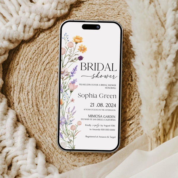 Wildflower Digital Bridal Shower Invite Modello di invito floreale modificabile Boho Flowers Electronic Bridal Shower Evite Iphone/ MAYA