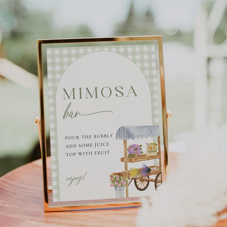 K&ouml;nnte beinhalten: Ein druckbares Schild f&uuml;r eine Mimosa-Bar mit gr&uuml;nem und wei&szlig;em Gingham-Hintergrund. Das Schild lautet "Mimosa-Bar" und enth&auml;lt Anweisungen zum Zubereiten eines Mimosas: "Gie&szlig;en Sie den Sekt ein, f&uuml;gen Sie etwas Saft hinzu, garnieren Sie mit Obst, genie&szlig;en Sie!" Das Schild zeigt auch eine Aquarell-Illustration eines Blumenwagens.