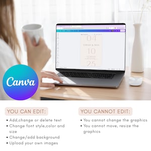 May include: A laptop displaying a wedding invitation design on the Canva platform. The design features the date "04", "10", and "25", with the names "SARAH & MAX". The image also includes the Canva logo and text detailing editable and non-editable elements.