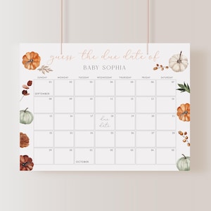 Kürbis Fälligkeit Datum Kalender Vorlage Bearbeitbar Boho Herbst Baby Shower Spiel Herbst Guess Baby Ankunftsdatum Zeichen, Guess Baby's Geburtsdatum |BW06