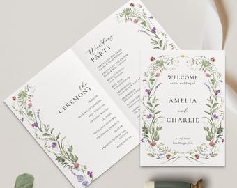 May include: A wedding ceremony program with a floral border and a welcome sign with the names Amelia and Charlie. The program lists the order of events for the ceremony, including the seating of families, processional, opening words, reading, exchange of vows, exchange of rings, prayer, presentation of the couple, and recessional. The welcome sign includes the date and location of the wedding.