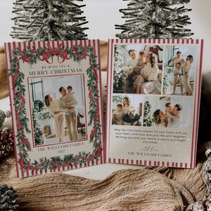 Puede incluir: Dos tarjetas de Navidad rectangulares con bordes a rayas rojas y blancas. La tarjeta izquierda tiene un marco de guirnalda verde, el texto "WE WISH YOU A MERRY CHRISTMAS" y "THE WILLIAMS FAMILY 2027." La derecha muestra cuatro fotos familiares.