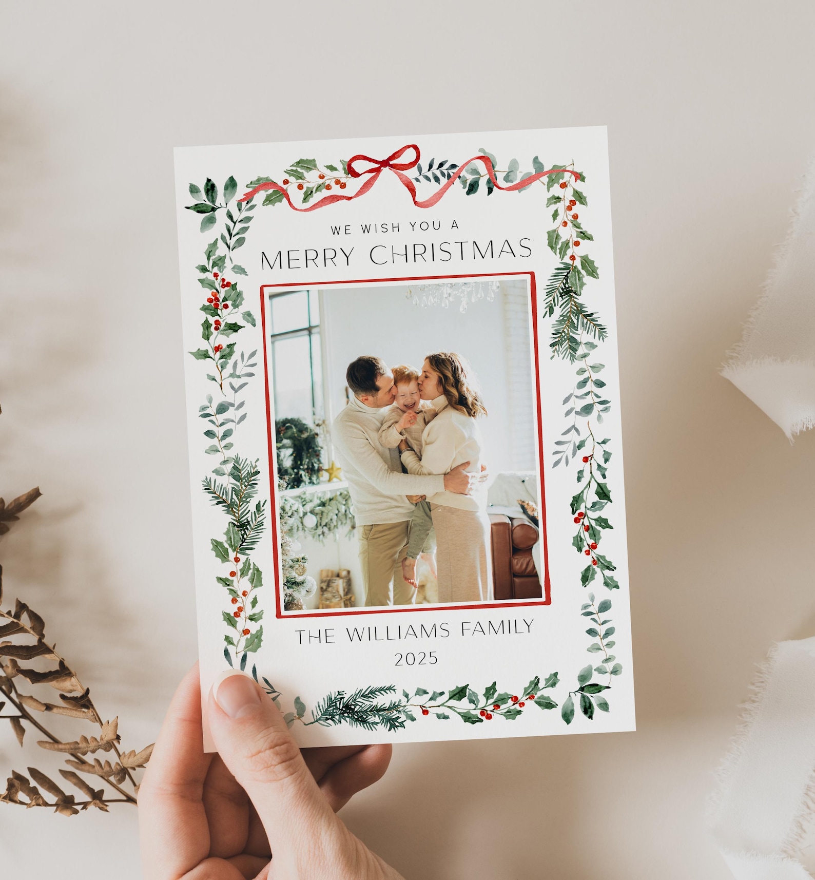 Editable Photo Christmas Card Template Red Bow Holiday Card Botanical ...