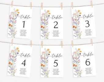 Modelo de gráfico de assentos de flores silvestres, gráfico de assentos de casamento floral, placa para impressão, gráfico de assentos suspenso, cartões de plano de assentos de mesa de casamento | MAYA