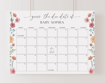 Może przedstawiać: Drukowana gra na baby shower z kwiatową ramką. Gra to kalendarz z miesiącami wrzesień i październik. Tekst "zgadnij termin porodu Baby Sophia" znajduje się na górze kalendarza.