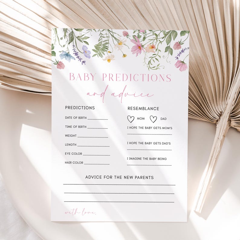 K&ouml;nnte beinhalten: Eine druckbare Babyparty-Spielkarte mit einem floralen Rand. Die Karte hat Abschnitte f&uuml;r G&auml;ste, um das Geburtsdatum, die Geburtszeit, das Gewicht, die L&auml;nge, die Augenfarbe und die Haarfarbe des Babys vorherzusagen. Es gibt auch Abschnitte f&uuml;r G&auml;ste, um ihre Ratschl&auml;ge f&uuml;r die neuen Eltern aufzuschreiben.